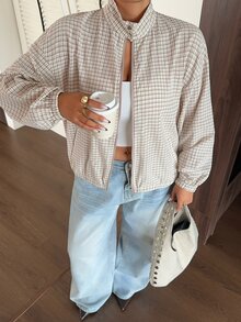 Dazy Plus Blogger Style Plaid Lapel Zip-Up Long Sleeve Loose Short Casual Regular Jacket - Apricot - View 5