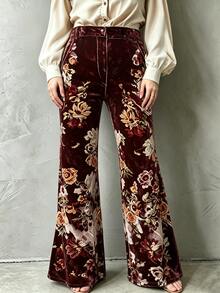 Ceyna Plus Size Women's Floral Velvet Print Elegant Flare Pants - Multicolor - View 5