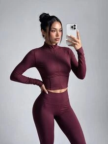 SHEIN Dewbera Women's Solid Color Casual Versatile Daily Travel Sports Jacket - Burgundy - View 4