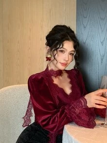 DAZY Women's Loose Blouse With Eyelash Lace Trim, Ribbon And Bell Sleeves - Burgundy - View 7