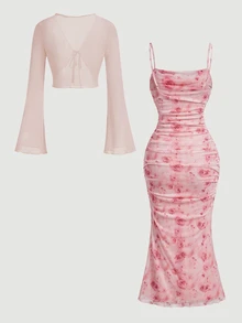 SHEIN MOD Women's Floral Print Camisole Dress And Cardigan Casual 2 Pieces Set - Baby Pink - View 2