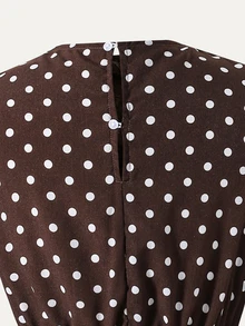 SHEIN Girls Polka Dot Print Lantern Sleeve Lace Hem Belted Midi Dress Brown - Brown - View 3