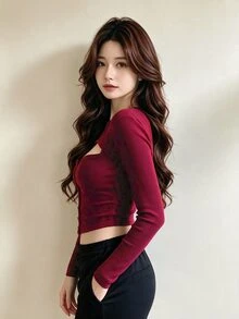 INAWLY 大尺碼女款素色鏤空休閒日常長袖上衣 - 酒紅色 - 查看 4