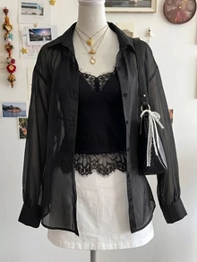 Franclia Sexy Style Long Sleeve Shirt Sexy Inner Camisole Lace Tank Top Set - Black - View 3