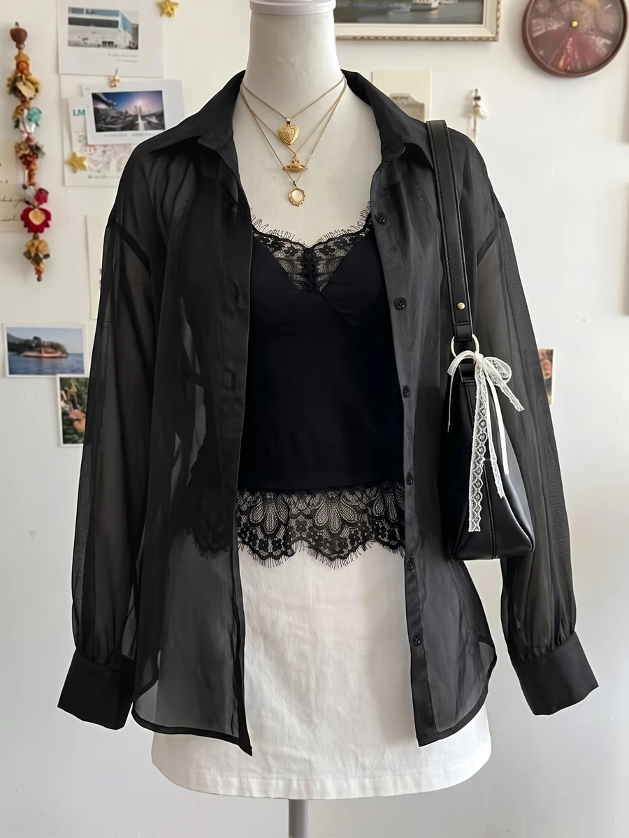 Franclia Sexy Style Long Sleeve Shirt Sexy Inner Camisole Lace Tank Top Set - Black - View 1