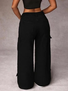 SHEIN Unity Plus Size Fashion Button Pocket Cargo Denim Jeans - Black - View 2