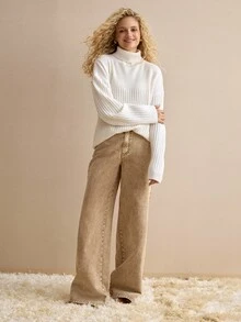 MOTF PREMIUM WOMEN'S SOLID COLOR HIGH NECK DROP SHOULDER LONG SLEEVE CASUAL SWEATER - White - View 4