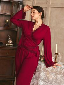 Côtesoire Elegant Romantic Lace Patchwork Open Front Tie-Up Jacquard Ribbed Knit Burgundy Plus Size Women's Top And Pants Pajama Set - Burgundy - View 5