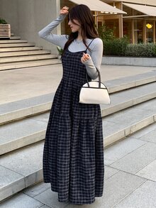DAZY Women's Plaid Spaghetti Strap Loose Long Dress - Blue - View 3