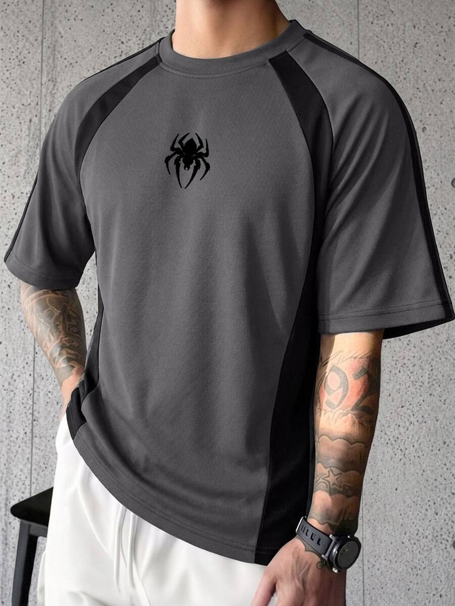 Gym Rark Kaos Olahraga Lengan Pendek Blok Warna Abu-abu & Hitam, Kaos Kasual Luar Ruangan Bergaya Pria dengan Motif Cetak, untuk Olahraga di Gym - Dark Grey - View 1
