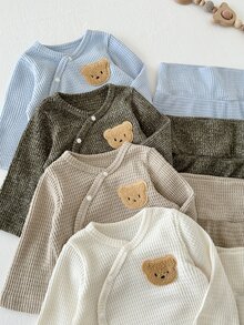 SHEIN 8件組新生女嬰連身衣褲套裝，可愛藍色米色綠色華夫格針織熊貼布長袖圓領，適合派對、冬季、秋季、假期，舒適保暖 - 米色 - 查看 10