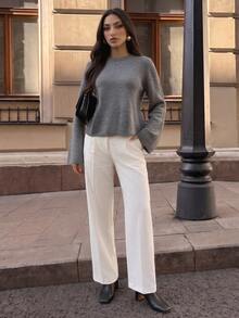 Omancia Women's Solid Color Round Neck Loose Pullover Sweater - Dark Grey - View 4