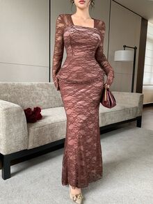 Modelyn 灰粉色方領長袖蕾絲套裝洋裝,荷葉邊腰部優雅浪漫兩件式設計,修身緊身魚尾長裙,適合秋季晚餐約會 - 咖啡棕 - 查看 6