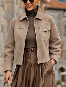 Velvienne Women's Plus Size Suede Fabric Zipper Casual Versatile Motorcycle Jacket Fall - Brown - View 4