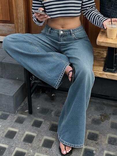 Dazy Plus Solid Color Washed Loose Wide Leg Pants, Elegant Versatile Slimming Long Denim Jeans, All Season