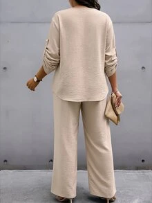 Weeklong Plus Size New Chinese Frog Button 2‑Piece Outfit, Roll‑Up Sleeve Top & Loose Wide Leg Trousers - Khaki - View 2