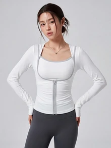DAZY Women's Colorblock Camisole Tank Top And Long Sleeve Top Casual Sports Set - White - View 9