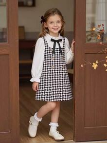 Elladie kids Young Girls Houndstooth Mock Neck Bow Decor Fake Two Pieces Patchwork Elegant Autumn Princess Dress - Black - View 8