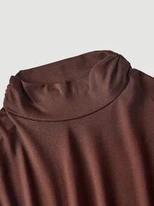 SHEIN MOD 優雅女款奶油色高領長洋裝，抓皺腰部設計、小飛袖、A字版型，茶長正式禮服，適合彩排晚餐穿著 - 棕色 - 查看 3