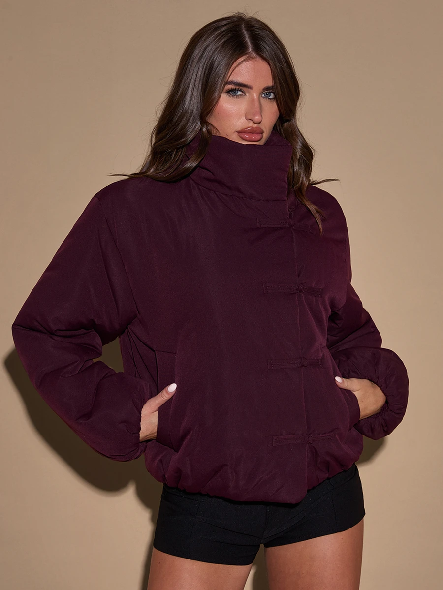 SHEIN BAE معطف شتوي كاجوال للنساء بلون موحد وياقة عالية مبطن دافئ - عنابي اللون - مشاهدة 1