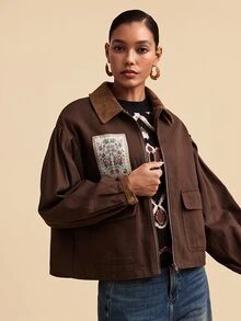 Travachic Women's Floral Pattern Zipper Casual Vintage Cottagecore Versatile Long Sleeve Jacket Travel Everyday Brown Floral Fall - Brown - View 4