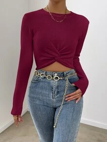 SHEIN 女款純色圓領扭腰設計短版毛衣，秋冬款 - 酒紅色 - 查看 7