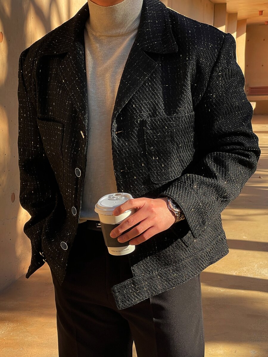 DAZY Autumn/Winter Black Gold Thread Tweed Plaid Korean Style Men's Jacket And Coat - Black - View 1