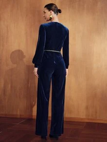 MOTF PREMIUM WOMEN'S AUTUMN/WINTER VELVET DEEP V-NECK LONG JUMPSUIT - Navy Blue - View 3