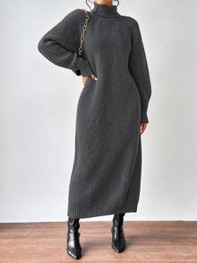 Aalyst Turtleneck Raglan Sleeve Sweater Dress Without Belt Fall Winter Cloth For Women - Dark Grey - View 1