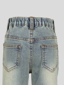 SHEIN Girls' Vintage Washed Flared Jeans, Elastic Waistband, Frayed Cross Patchwork Decor, Retro Distressed Loose Flare Denim Pants, Suitable For Toddlers, Street Style, Perfect For Girls' Daily Play And Casual Occasions In Spring And Autumn - Blue - View 4