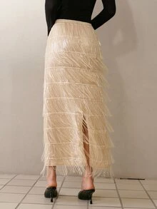MOTF PREMIUM WOMEN'S TASSEL DESIGN FASHION VERSATILE SKIRT - Champagne - View 6