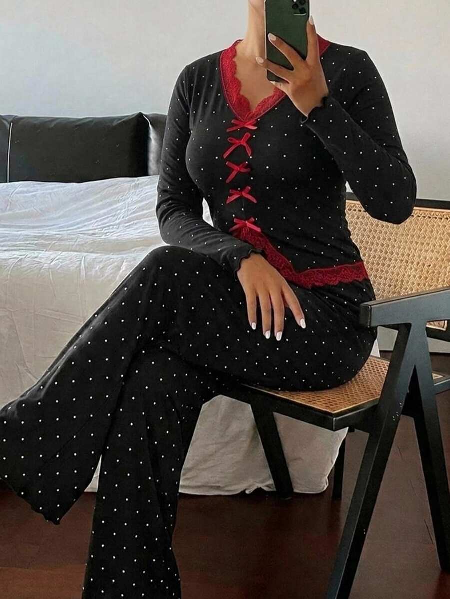Dazy Plus Plus Size Women Polka Dot Lace Patchwork Top And Pants Casual Daily Home Sleepwear Set - Black - View 1