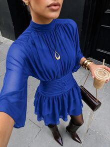 Lavishia 蝙蝠袖荷葉邊浪漫優雅女款洋裝，適合約會、晚餐、酒吧派對，秋季穿搭，深棕色 - 寶藍色 - 查看 3
