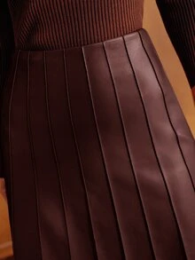 MOTF PREMIUM WOMEN'S BURGUNDY PU SKIRT, ELEGANT COMMUTE STYLE, AUTUMN/WINTER - Brown - View 3