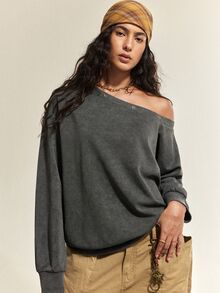 SHEIN Women's Washed Distressed Dark Gray Rivet Buckle Sweatshirt, American Lazy Loose Drop Shoulder Long Sleeve Asymmetrical Shoulder Top, Niche Casual Outing Top, Autumn Outfit - Black - View 1