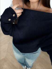 Sunnyshic Plus Size Sexy Off-Shoulder Solid Color Knit Sweater Fall - Navy Blue - View 1