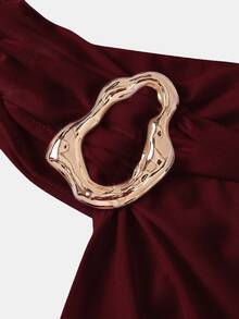 Skyraze Women's Solid Color Metal Design Asymmetrical Shoulder Pleated Ruffle Hem Fashion Mini Dress - Burgundy - View 5