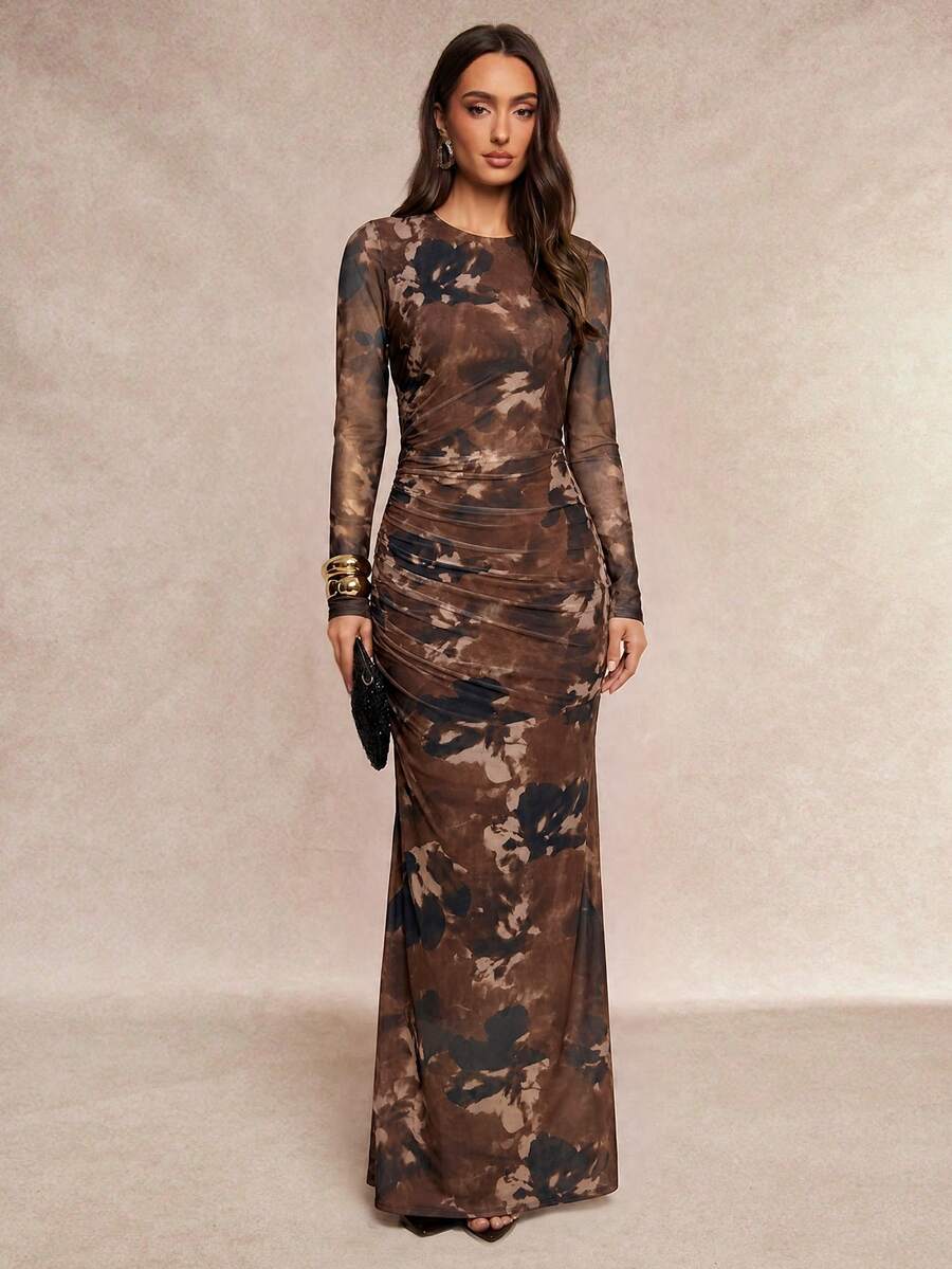 Silquee 女款優雅花卉印花百褶圓領長袖魚尾下擺洋裝,適合上班、休閒與度假的優雅女裝 - 巧克力棕 - 查看 1
