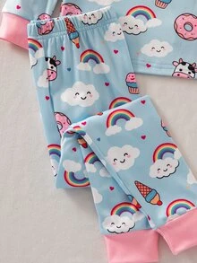 SHEIN 秋冬少女長袖套頭上衣與緊身褲套裝，貼身居家服，滿版可愛動物印花，對比粉色設計 - 藍色 - 查看 9