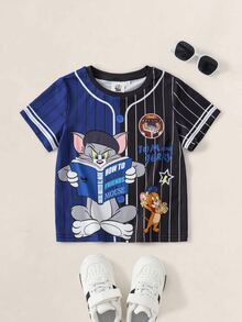 TOM & JERRY X SHEIN Young Boy Letter Cartoon Print Casual Daily Short Sleeve T-Shirt - BLUE AND BLACK - View 1
