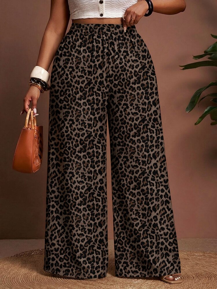 Slaydiva Casual Leopard Print Loose Fit Plus Size Pants, Black Long Pants, Music Festival, Party - Multicolor - View 3