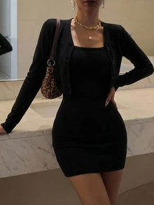 DAZY Women's Solid Color Long Sleeve Single-Breasted Top And Camisole Dress Casual 2 Pieces Set - Black - View 6