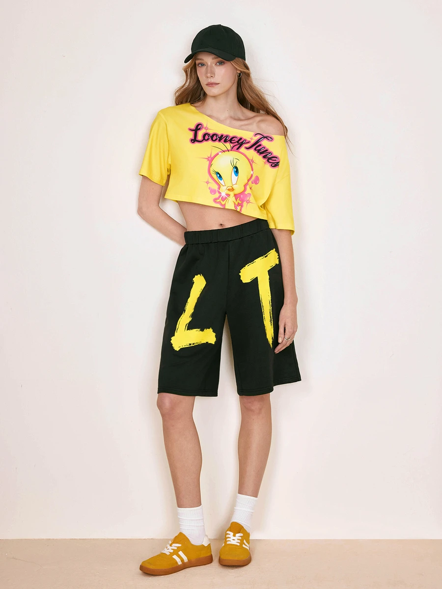 LOONEY TUNES X SHEIN Women's Letter Print Asymmetrical Shoulder Top And Shorts Casual 2 Pieces Set LOONEY TUNES - Yellow - View 1