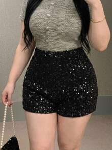 Dazy Plus Quần short đen đính sequin dày dặn đa năng cho tiệc và hẹn hò, mẫu mới thu/đông - màu đen - Xem 5