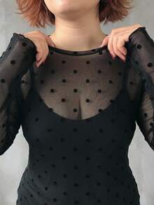 Dazy Plus Plus Size Women Polka Dot Casual Sheer Long Sleeve Top - Black - View 1