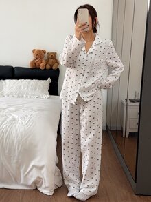 Napfluff Heart Print Lapel Long Sleeve Long Pants Pajama Set - Beige - View 7