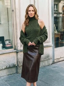 Dayvera Women's Autumn/Winter Casual Daily Commute Cable Knit Belted Button-Front Cardigan And High Neck Sleeveless Knit Top Set - Army Green - View 4