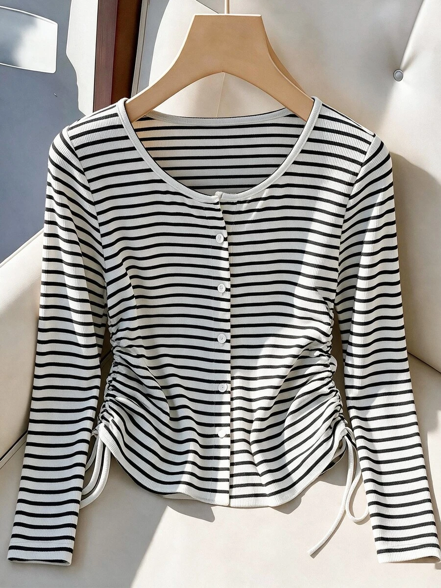 GlowEve CURVE Plus Size Hot-Selling Elegant V-Neck Knitted Ribbed Ribbed Long Sleeve T-Shirt, Slimming Waist Drawstring Single-Breasted Design, Suitable For Daily Commute, Versatile Party And Travel Outfit Top - Multicolor - View 1