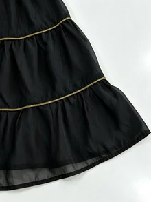 Cévolie 女款時尚休閒優雅浪漫度假印花鈕扣洋裝 - 黑色 - 查看 4