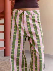 Nöista Celana Jeans Denim Kasual Longgar Potongan Lurus dengan Desain Saku Bergaris untuk Wanita - Khaki - View 8